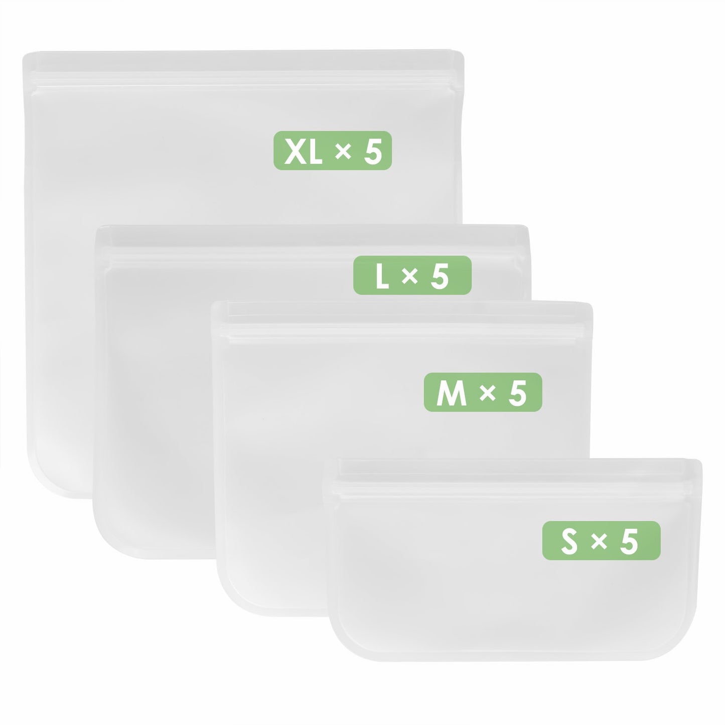 20Pcs Reusable Silicone Food Storage Bags - 5 Sizes Set