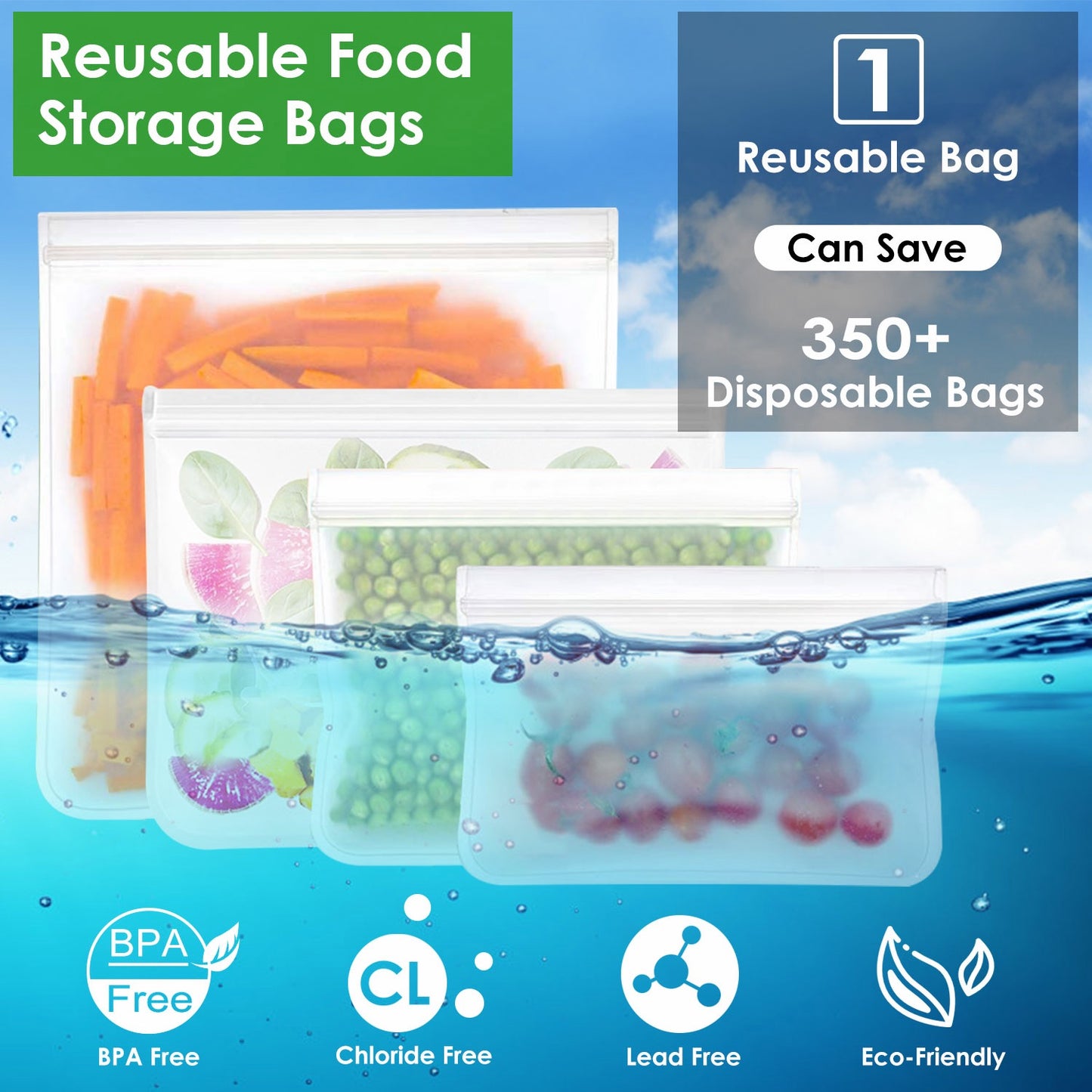 20Pcs Reusable Silicone Food Storage Bags - 5 Sizes Set