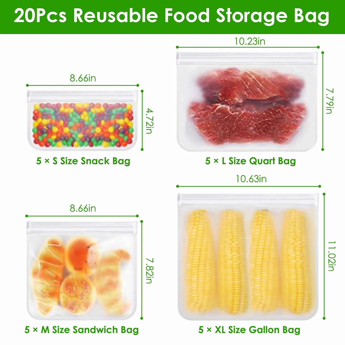 20Pcs Reusable Silicone Food Storage Bags - 5 Sizes Set