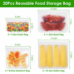 20Pcs Reusable Silicone Food Storage Bags - 5 Sizes Set