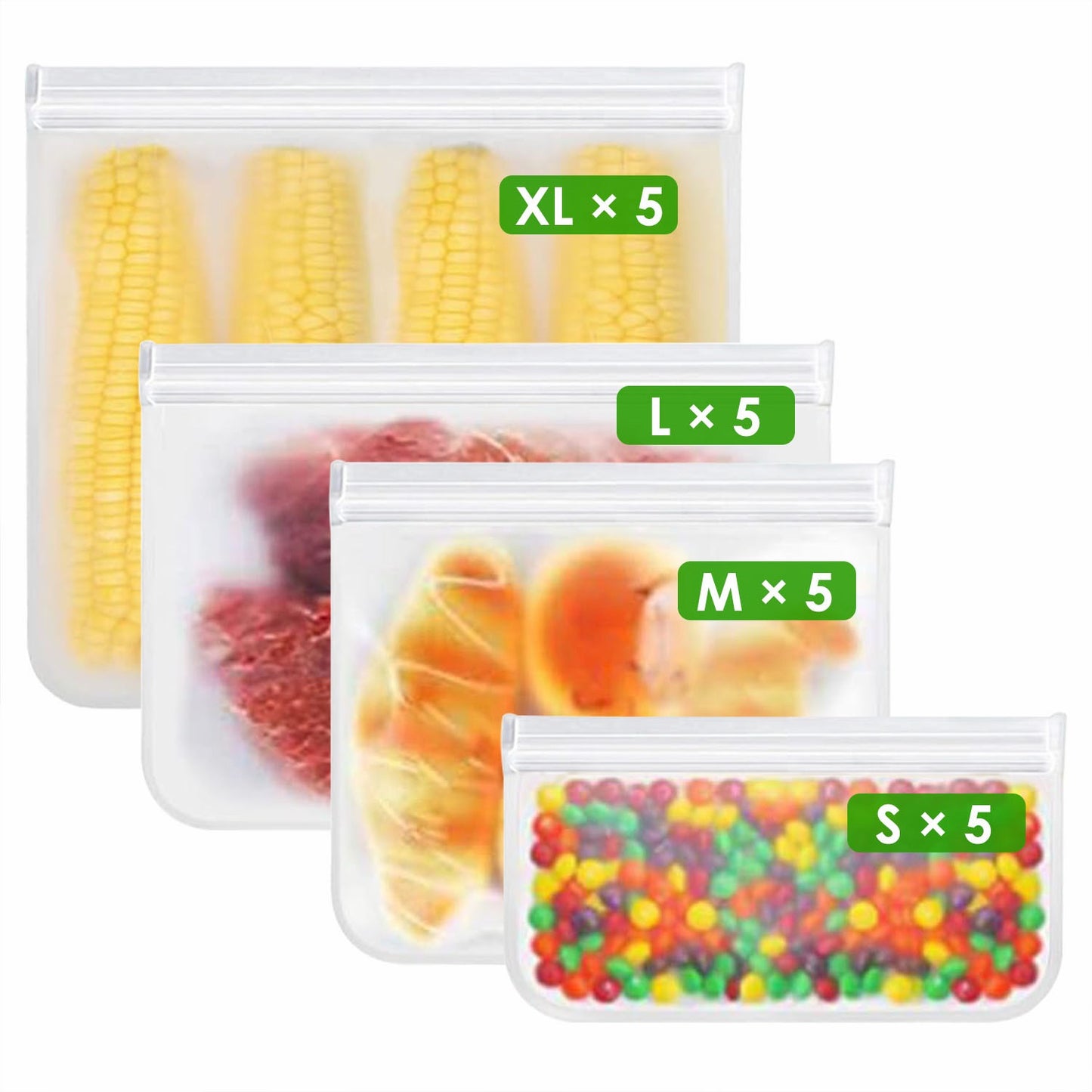 20Pcs Reusable Silicone Food Storage Bags - 5 Sizes Set