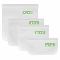 20Pcs Reusable Silicone Food Storage Bags - 5 Sizes Set