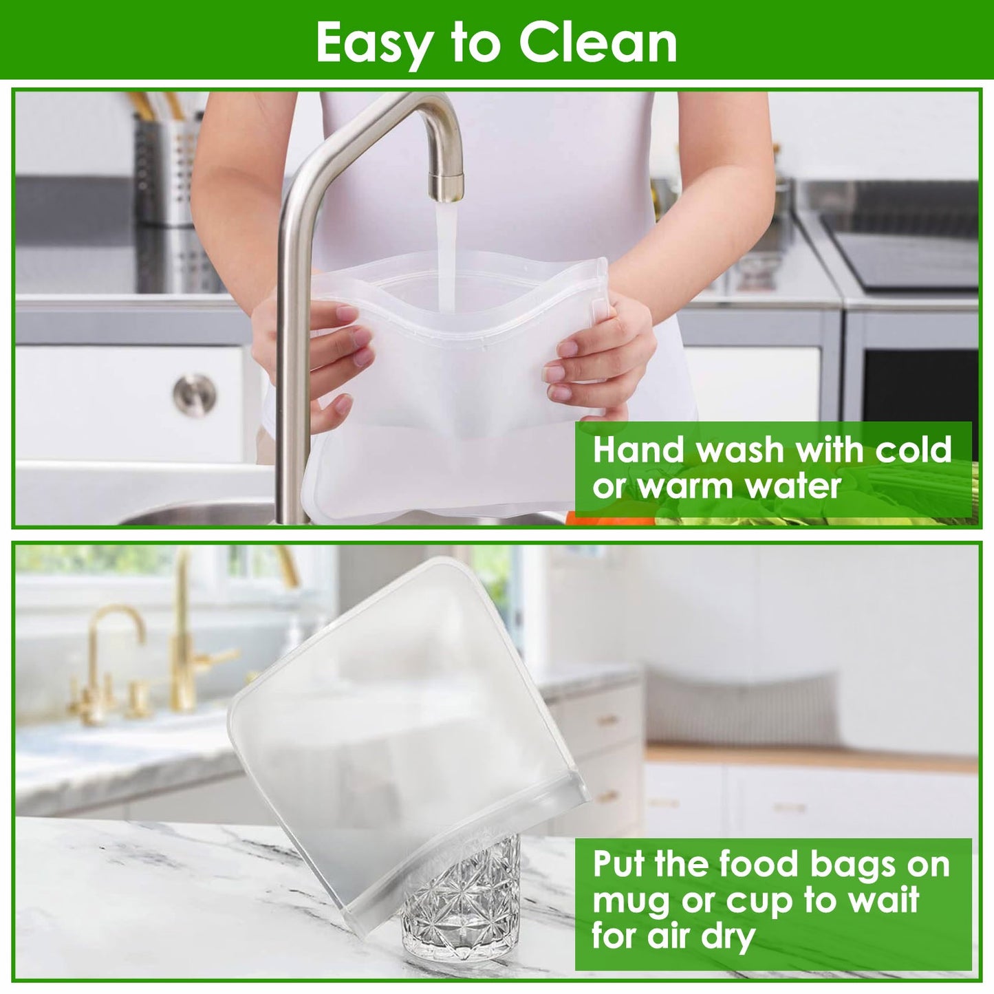 20Pcs Reusable Silicone Food Storage Bags - 5 Sizes Set